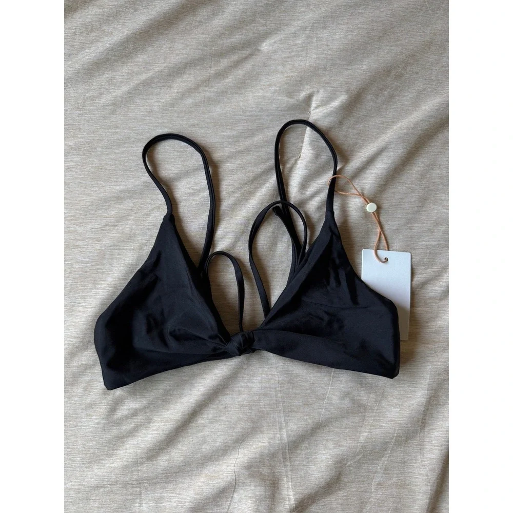 quince italian knotted triangle bikini top bathing suit in black, size small